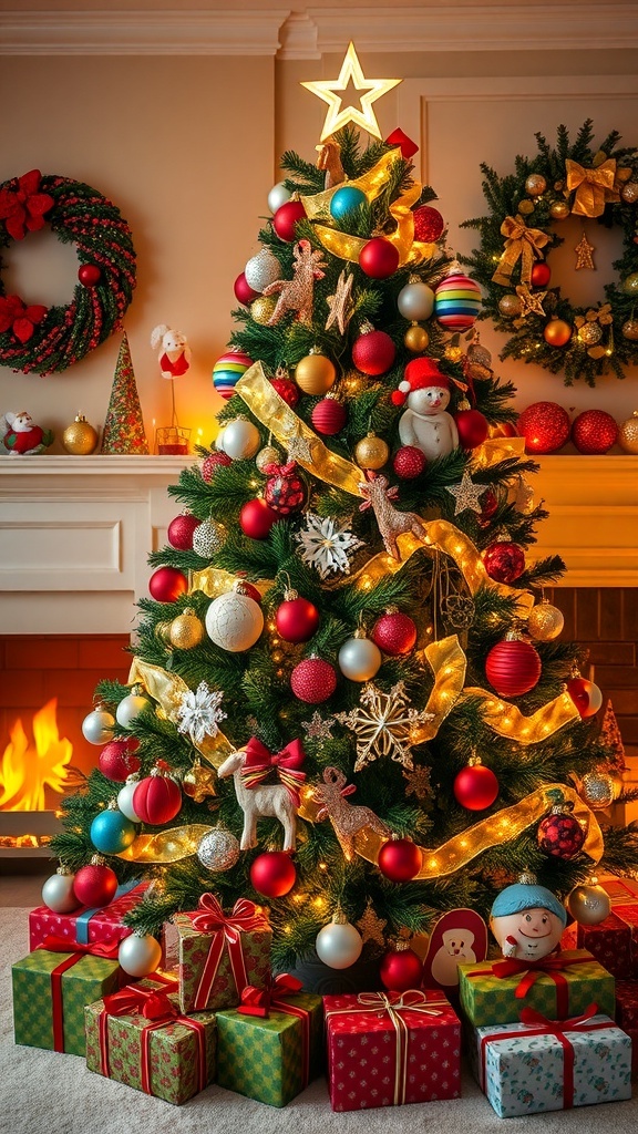 A decorated Christmas tree with colorful ornaments and a star, surrounded by presents.